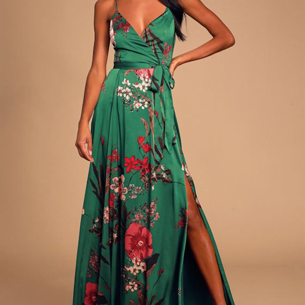 Lulus Still The One Emerald Green Floral Print Satin Maxi Dress - Size M